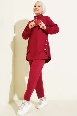 Metal Düğmeli İki İplik İkili Takım Bordo - Thumbnail