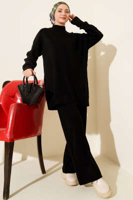 Balıkçı Yaka Fitilli Triko İkili Takım Siyah - Thumbnail