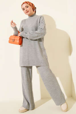 Pazarium - Balıkçı Yaka Fitilli Triko İkili Takım Gri
