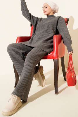 Pazarium - Balıkçı Yaka Fitilli Triko İkili Takım Füme