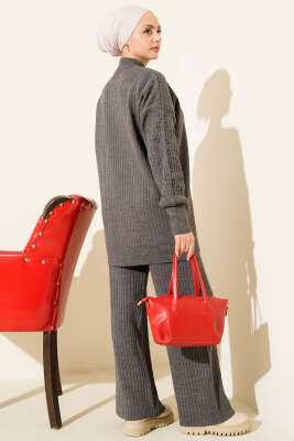 Balıkçı Yaka Fitilli Triko İkili Takım Füme - Thumbnail