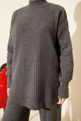 Balıkçı Yaka Fitilli Triko İkili Takım Füme - Thumbnail