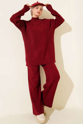 Pazarium - Balıkçı Yaka Fitilli Triko İkili Takım Bordo