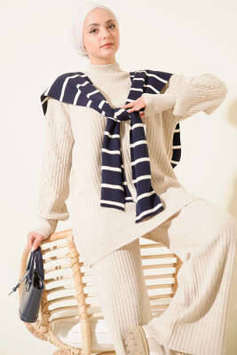 Balıkçı Yaka Fitilli Triko İkili Takım Bej - Thumbnail