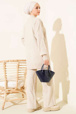 Balıkçı Yaka Fitilli Triko İkili Takım Bej - Thumbnail