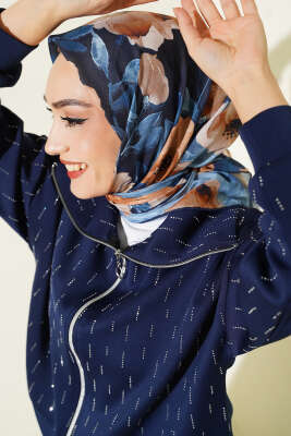 Pazarium - Flowers Desen Demore Eşarp İndigo
