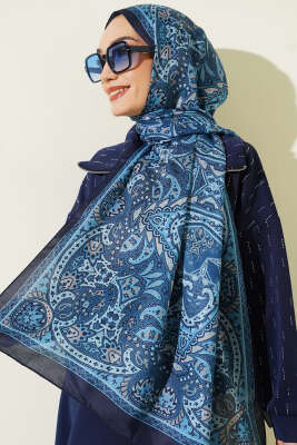 Pazarium - Paisley Motif Soft Şal Lacivert