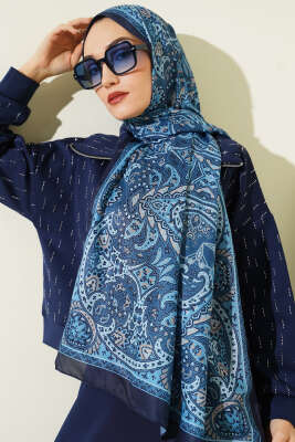 Paisley Motif Soft Şal Lacivert - Thumbnail