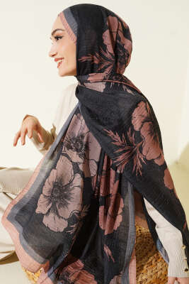 Çiçek Desenli Müslin Şal Siyah Latte - Thumbnail
