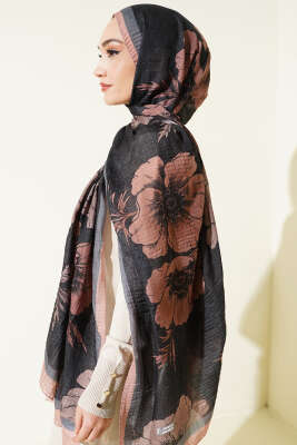 Çiçek Desenli Müslin Şal Siyah Latte - Thumbnail