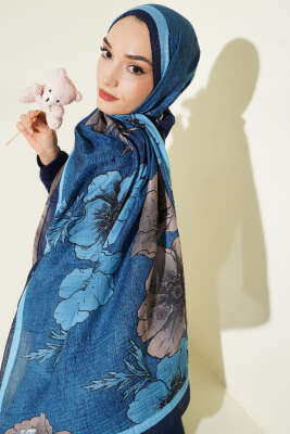 Çiçek Desenli Müslin Şal Lacivert - Thumbnail