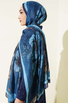 Çiçek Desenli Müslin Şal Lacivert - Thumbnail