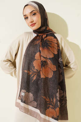 Çiçek Desenli Müslin Şal Kum Bej - Thumbnail