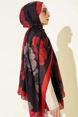 Çiçek Desenli Müslin Şal Kırmızı - Thumbnail