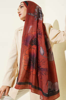 Çiçek Desenli Müslin Şal Kiremit - Thumbnail