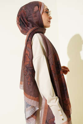 Çiçek Desenli Müslin Şal Kahve - Thumbnail