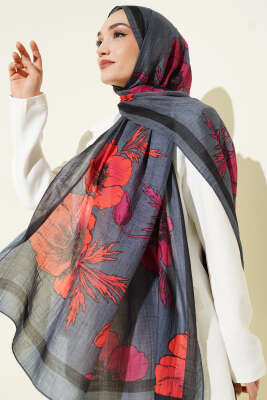 Çiçek Desenli Müslin Şal Füme - Thumbnail