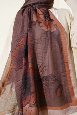 Çiçek Desenli Müslin Şal Kahve - Thumbnail