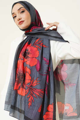 Çiçek Desenli Müslin Şal Füme - Thumbnail