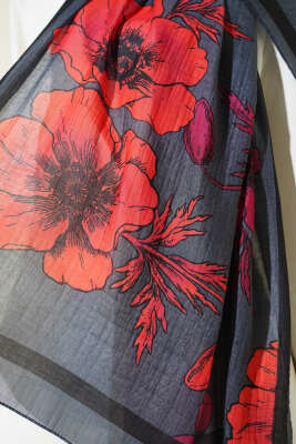 Çiçek Desenli Müslin Şal Füme - Thumbnail