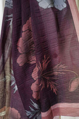 Çiçek Desenli Müslin Şal Bronz - Thumbnail