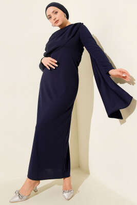 Pazarium - Omuz Pelerin Detaylı Abiye Elbise Lacivert
