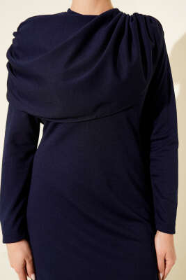 Omuz Pelerin Detaylı Abiye Elbise Lacivert - Thumbnail