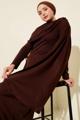 Omuz Pelerin Detaylı Abiye Elbise Kahve - Thumbnail