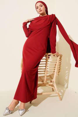 Omuz Pelerin Detaylı Abiye Elbise Bordo - Thumbnail