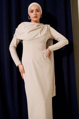 Omuz Pelerin Detaylı Abiye Elbise Bej - Thumbnail