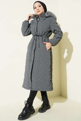 Pazarium - Zigzag Kapitone Kapüşonlu Şişme Mont Füme