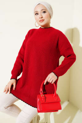 Çoban Dikiş Detaylı Triko Tunik Kırmızı - Thumbnail