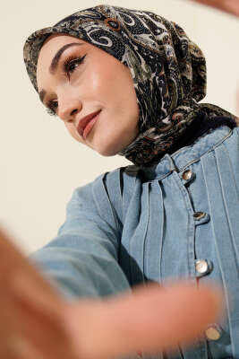 Etnik Desen Flamu Cotton Eşarp Lacivert - Thumbnail