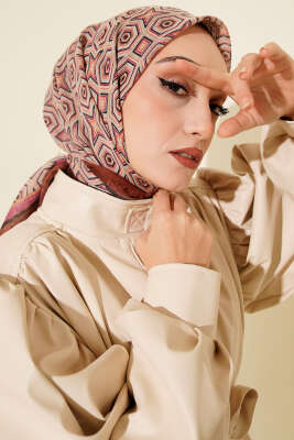 Geometri Desen Flamu Cotton Eşarp Bej Fuşya - Thumbnail