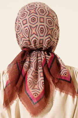 Geometri Desen Flamu Cotton Eşarp Bej Fuşya - Thumbnail