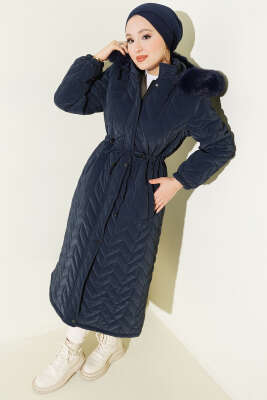 Zigzag Kapitone Kapüşonlu Şişme Mont Lacivert - Thumbnail