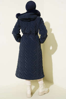 Zigzag Kapitone Kapüşonlu Şişme Mont Lacivert - Thumbnail
