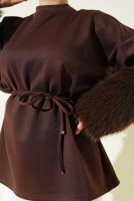 Bilek Kürklü Scuba Tunik Kahve - Thumbnail