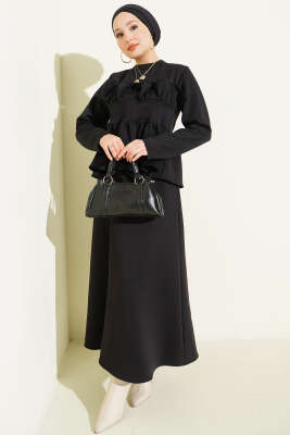 Pazarium - Fırfır Süslemeli Etekli İkili Takım Siyah