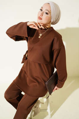 Yan Parça Bağlamalı Scuba İkili Takım Kahve - Thumbnail