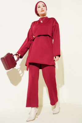 Yan Parça Bağlamalı Scuba İkili Takım Bordo - Thumbnail