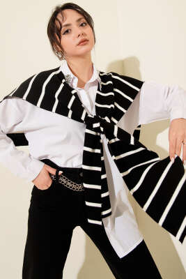 Pazarium - Çizgili Triko Omuz Şalı Siyah