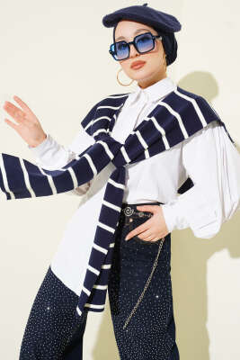 Pazarium - Çizgili Triko Omuz Şalı Lacivert