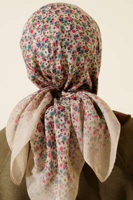 Mini Çiçek Desenli Eşarp Bej - Thumbnail