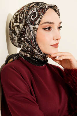 Pazarium - Etnik Desen Flamu Cotton Eşarp Siyah Vizon