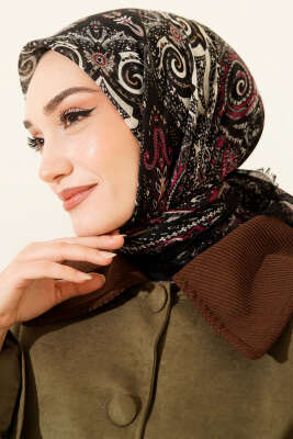 Pazarium - Etnik Desen Flamu Cotton Eşarp Siyah Gri