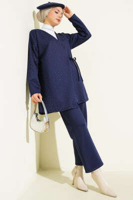 Pazarium - İp Bağlamalı Taşlı Scuba İkili Takım Lacivert