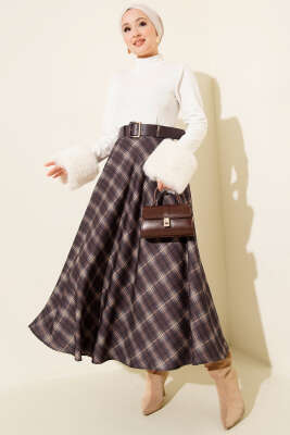 Kemerli Ekose Desen Kloş Etek Lacivert - Thumbnail