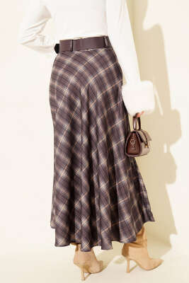 Kemerli Ekose Desen Kloş Etek Lacivert - Thumbnail