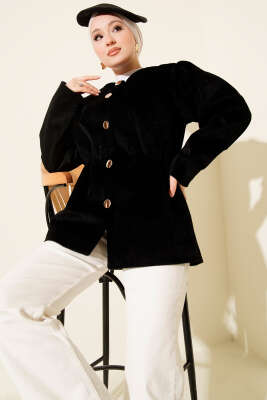 Pazarium - Bel Lastikli Düğmeli Goldfox Ceket Siyah